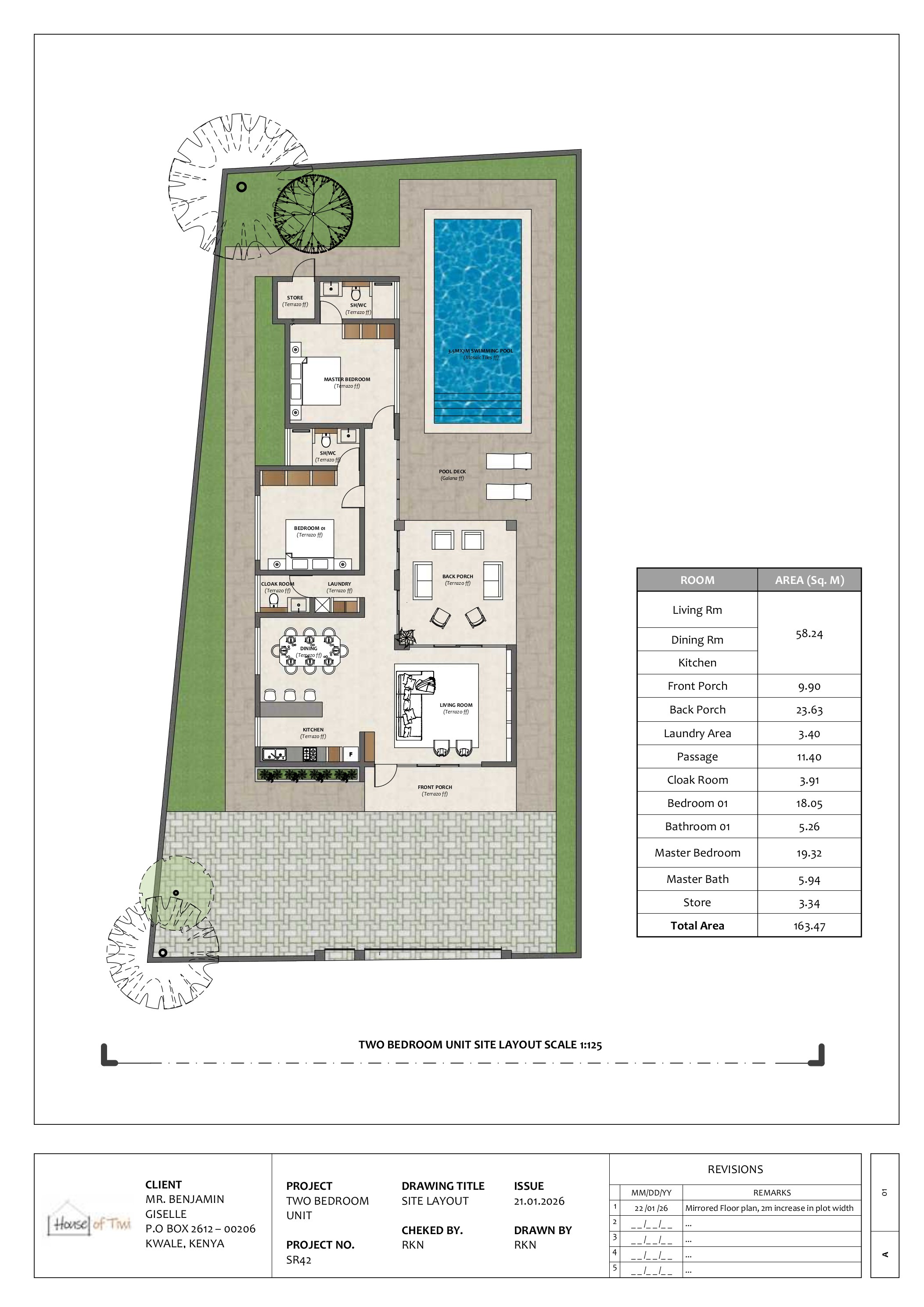 Galu Bungalows — SR42 Two-Bedroom Unit, rendered site layout showing pool, living, dining, kitchen, master bedroom, second bedroom, porches, store and pool deck