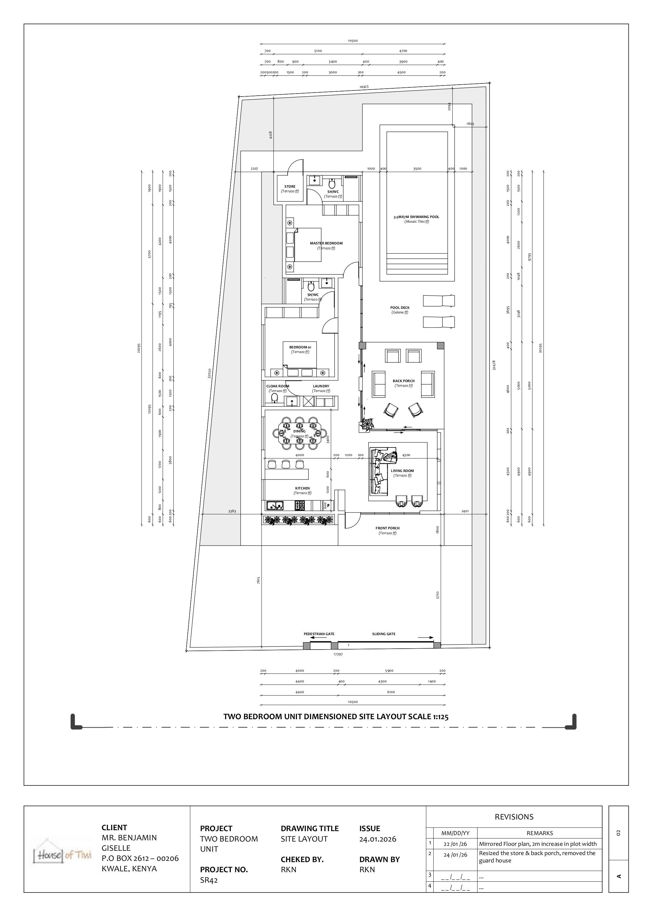 Galu Bungalows — SR42 Two-Bedroom Unit, dimensioned site layout with all room dimensions in millimetres