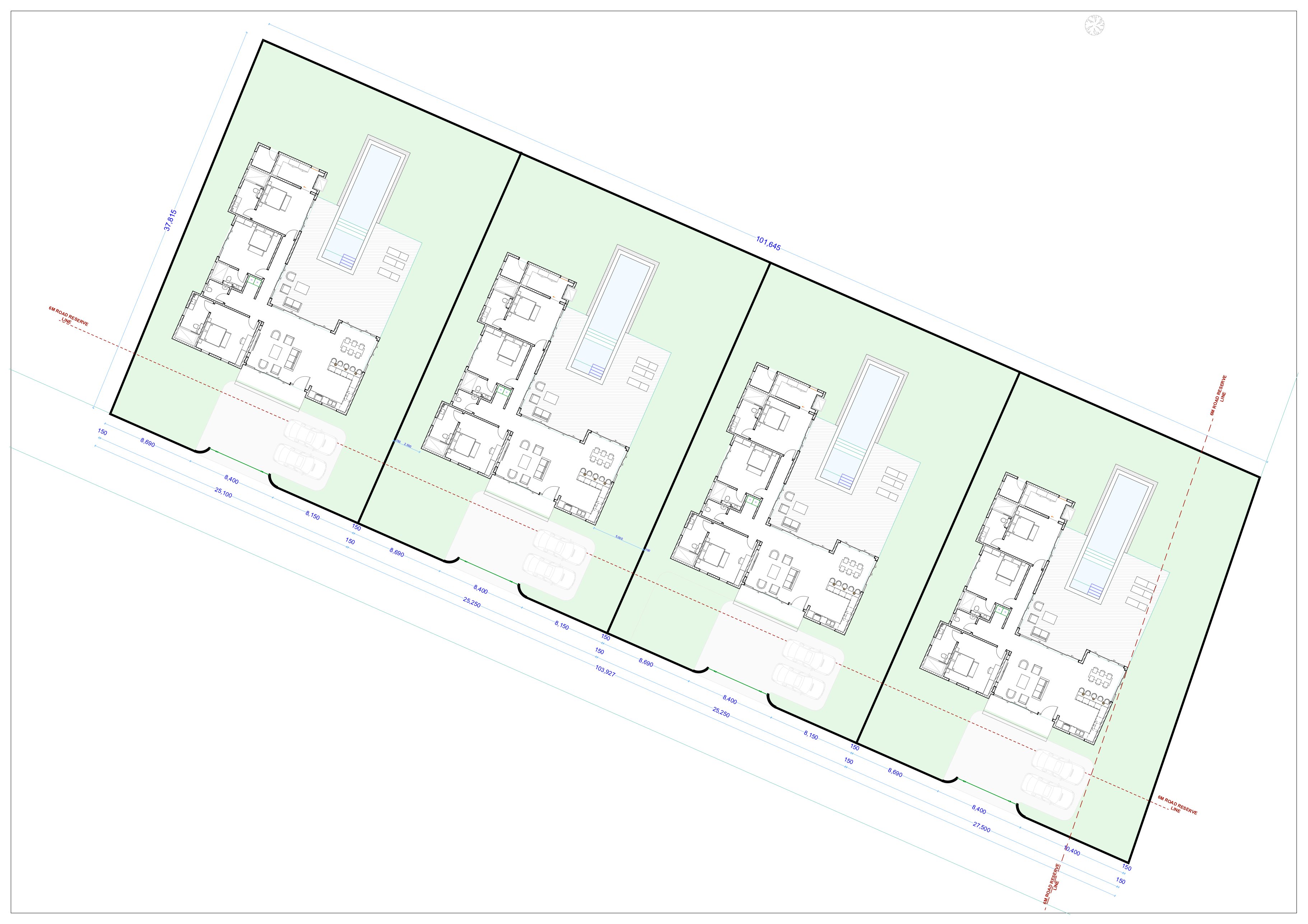 Surfside Getaway — master site plan showing all four three-bedroom villas in a row, each with a private 4 × 8 m pool, pool deck and carport, bordered by 6 m road reserves